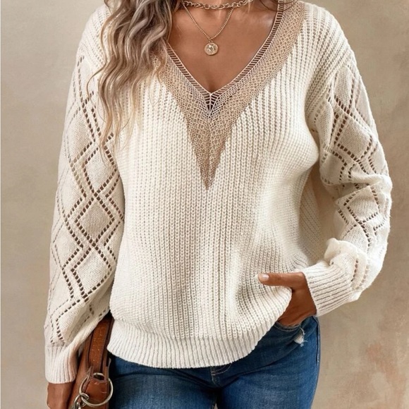 Comfy Sheer Lace V Neck Knit Swearer Top Green - Picture 9 of 14